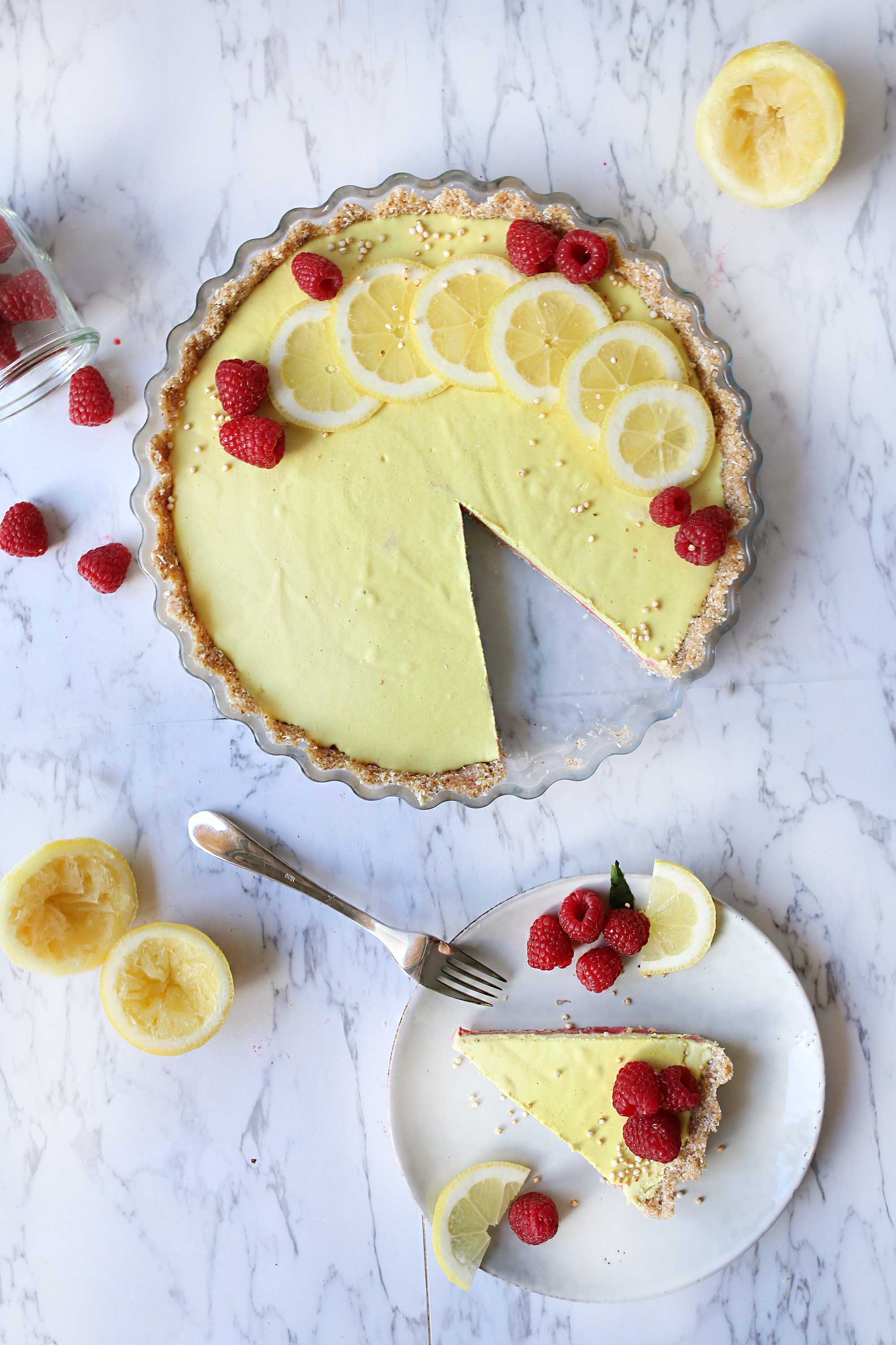 Summer Lemon-Raspberry Raw Cake with a coconut crust