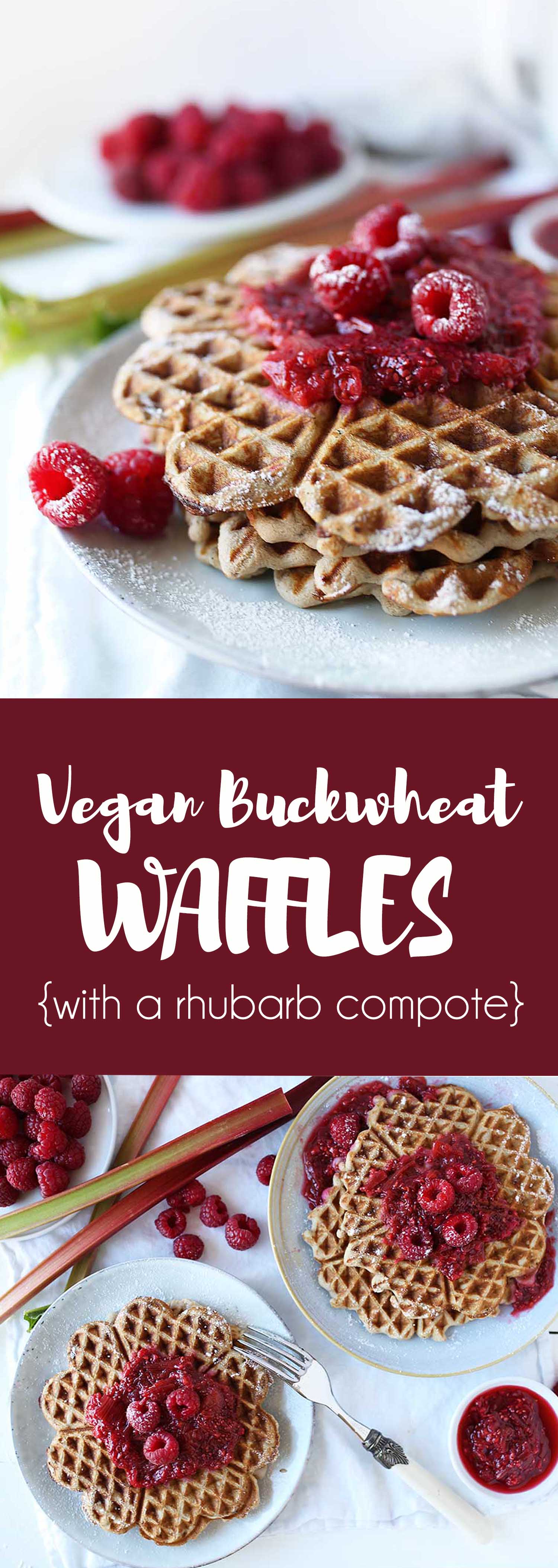 Vegan Buckwheat waffles with a rhubarb-raspberry compote